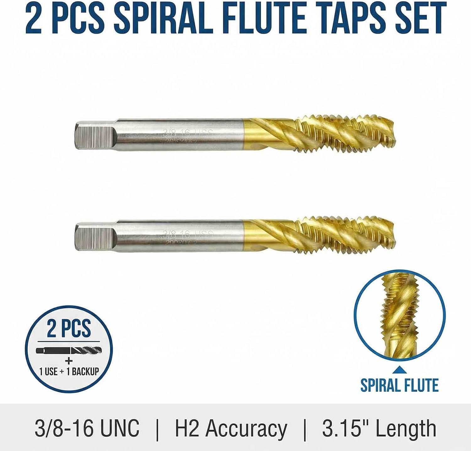 2Pcs 3/8-16 UNC Spiral Flute Thread Taps, Titanium Coated 6542 HSS Machine Tapping Tool for Blind Hole, H2 Accuracy, 3.15" (3/8-16 UNC(only 2PCS))