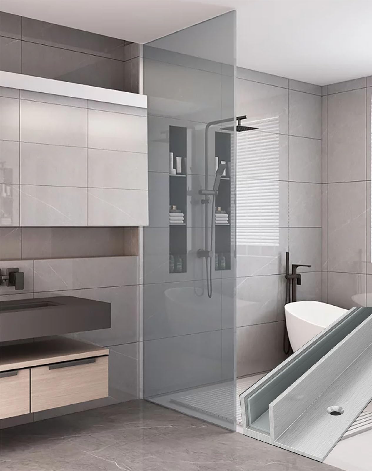 HDYZJQ Waterproof Fixed Shower Glass Panel, Frameless Clear Tempered Glass Channel for Shower Enclosure & Home Divider, Stainless Steel Glass Retainer(240cm/94.5in)