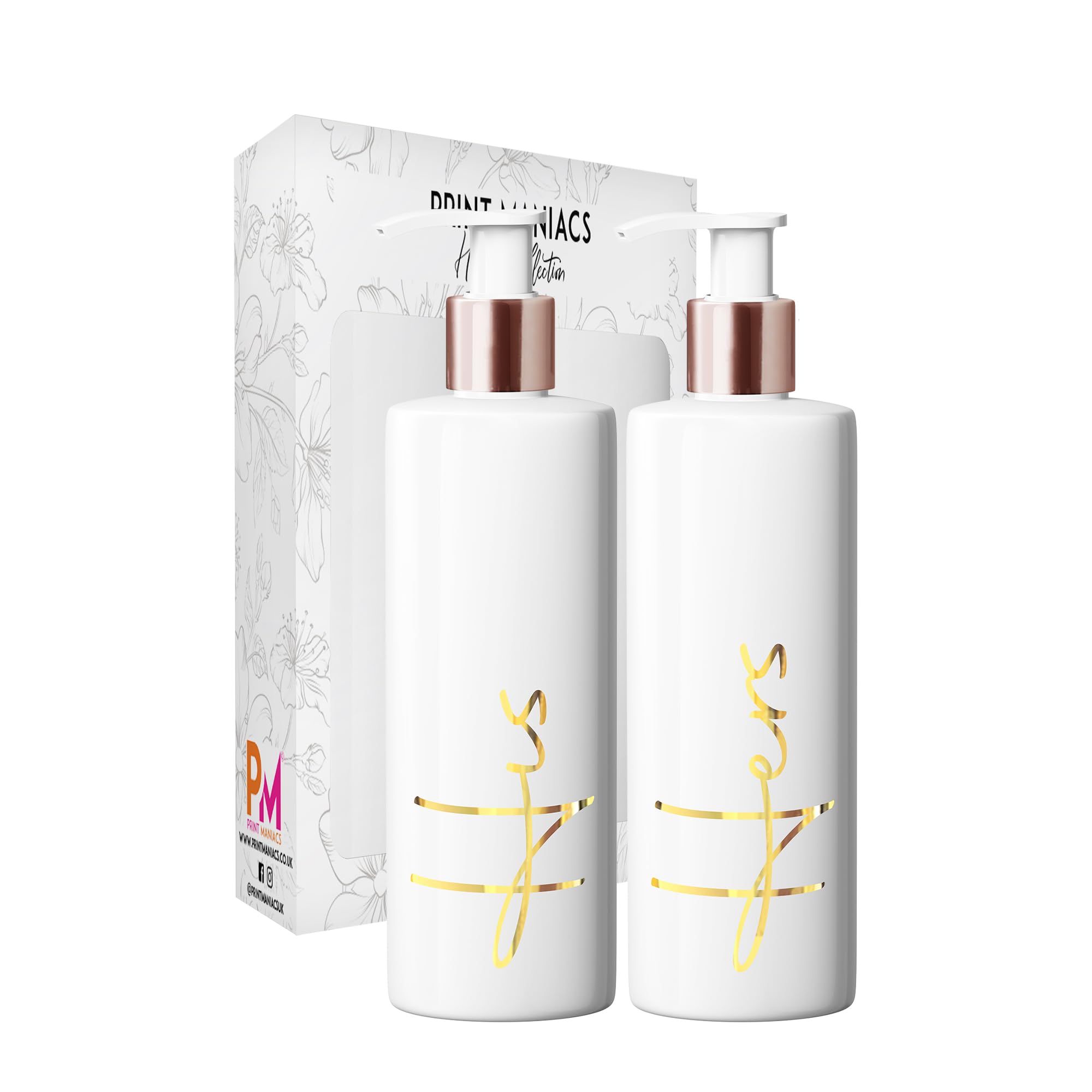 Print Maniacs White Mrs Hinch Inspired Personalised 500ml Bottles Bathroom Lotion Kitchen Shampoo Conditioner Rose Gold Pump (His Hers, F2) (Gold) โ image 1