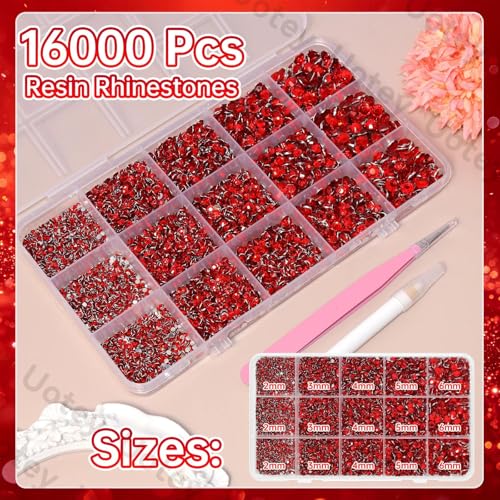 Image of 16000 Pcs Resin Rhinestones for Crafting, Flatback Red Gems Jelly Rhinestones, Mixed Sizes Red Bedazzling Crystal with Pickup Tool for DIY Crafts Clothing Tumblers Mugs Shoes Fabric Nail Art