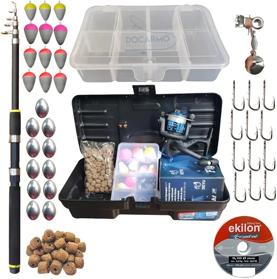 Kit de Pesca Completo Vara Telescópica 2,40m Molinete Itens DoCarmo Masculino 12 Unidades Estampado Tamanho Único