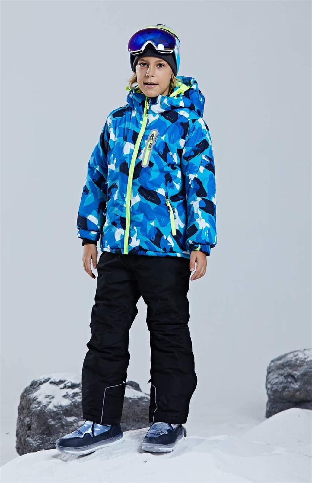 WOWULOVELY Boy's Ski Jacket Pants Windproof Snowsuit 2-Piece Set Snowboarding Outwear Ski Suit Unisex(Blue+black,Size 10)