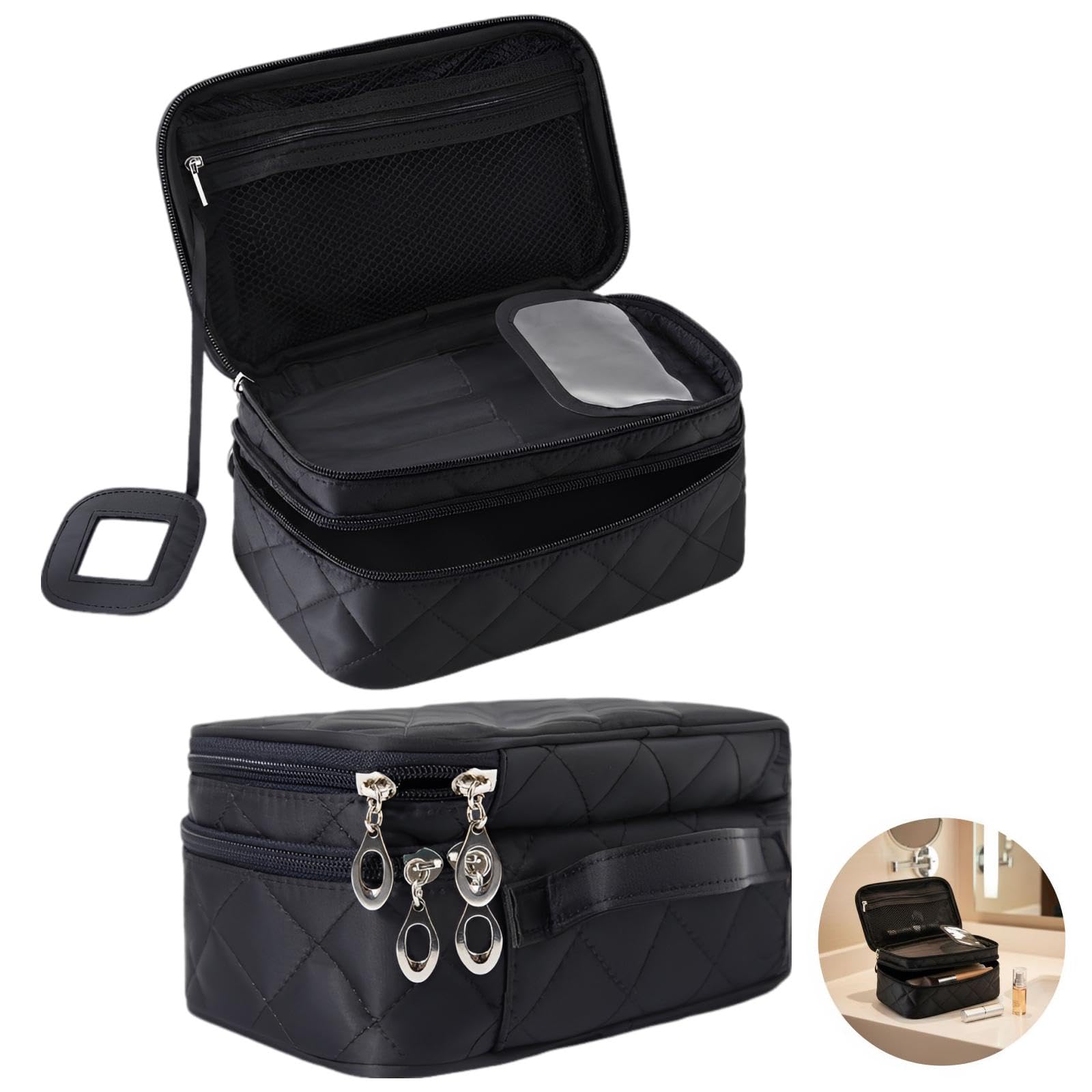 Kosmetiktasche mit Steppung, doppellagige Nylon Make-up Tasche mit Spiegel, wasserfeste Reise-Kosmetiktasche für Pinsel und Pflegeartikel, Hand-Organizer für Urlaub, Business und Training, Schwarz