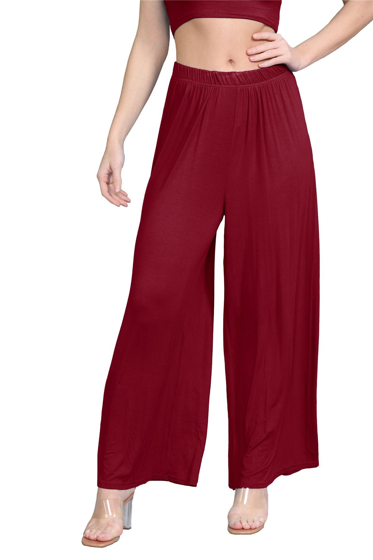 Janisramone Women's Wine New Plain Printed Palazzo Trousers Flared Wide Leg Baggy Leggings Stretch Pants