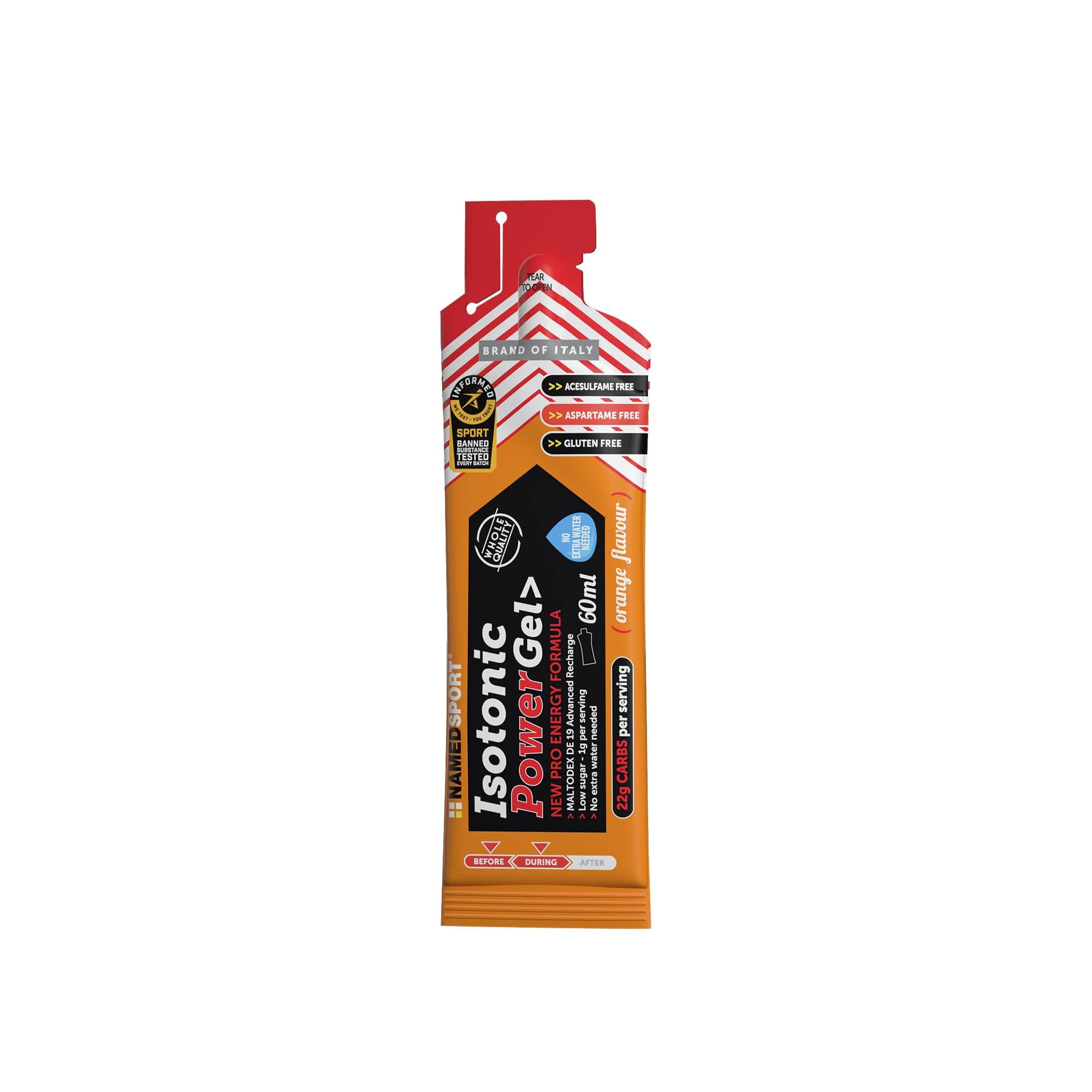 NAMEDSPORT ISOTONIC POWER GEL Orange, Gel Energetico Isotonico 60ml, Ricarica Energetica Istantanea con 22g di Carboidrati, Ideale per Sport di resistenza, Confezione da 24