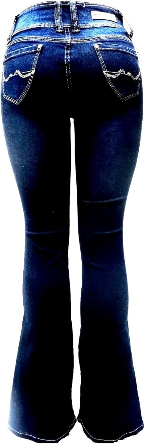 Jack David Womens Junior 70s Trendy Slim Fit Flared Bell Bottom Denim Jeans Pants (15, Jack David Hi Waist Dark Blue Flb925.) - Image 2