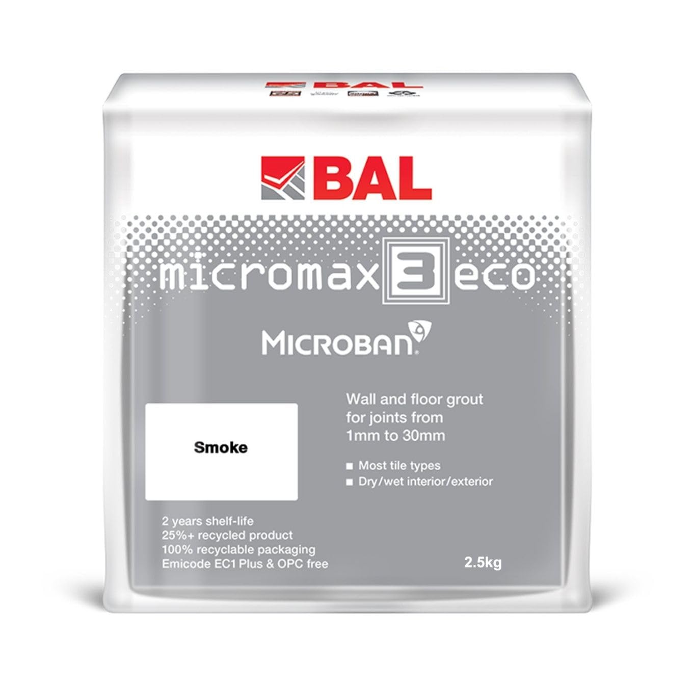 Bal Micromax3 Eco Grout Wall & Floor Grout, Rapid Set, Antimicrobial, Suitable For Interior & Exterior 2.5KG Bag - Smoke