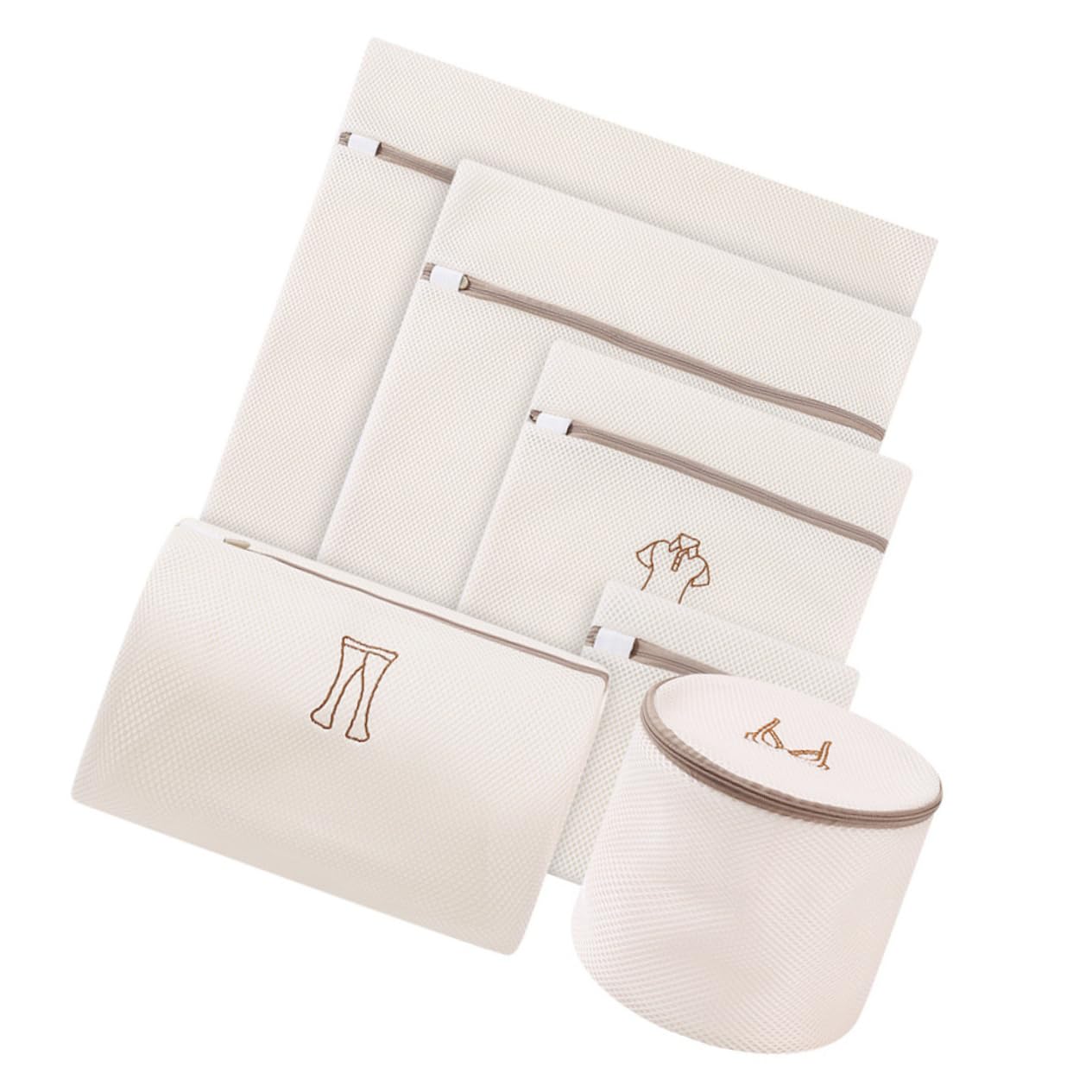 Set 6 Sacchetti per Lavanderia Ricamati Beige in Poliestere | Rete per Lavaggio, Separa Capi Sporchi e Puliti, Protegge Cerniere e Tessuti Durante Ciclo
