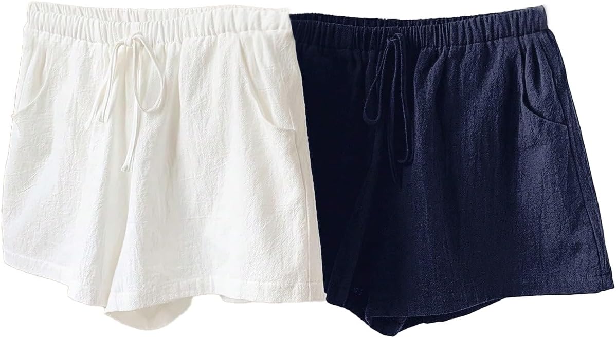 SOLY HUX Women's Tie Front Elastic Waist Linen Mini Shorts 2 Packs Vacation Summer Short Pants