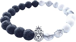 Mens Beaded Bracelets Stone Lava Rock Lion Head Crown Healing Energy Black and White , 2724459319541
