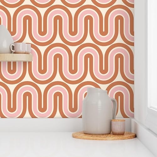 Miniatura 8 de Peel & Stick Wallpaper 9ft x 2ft - Retro Mid Century Mod Pink Brown Lines Home Decor Waves Custom Removable Wallpaper by Spoonflower