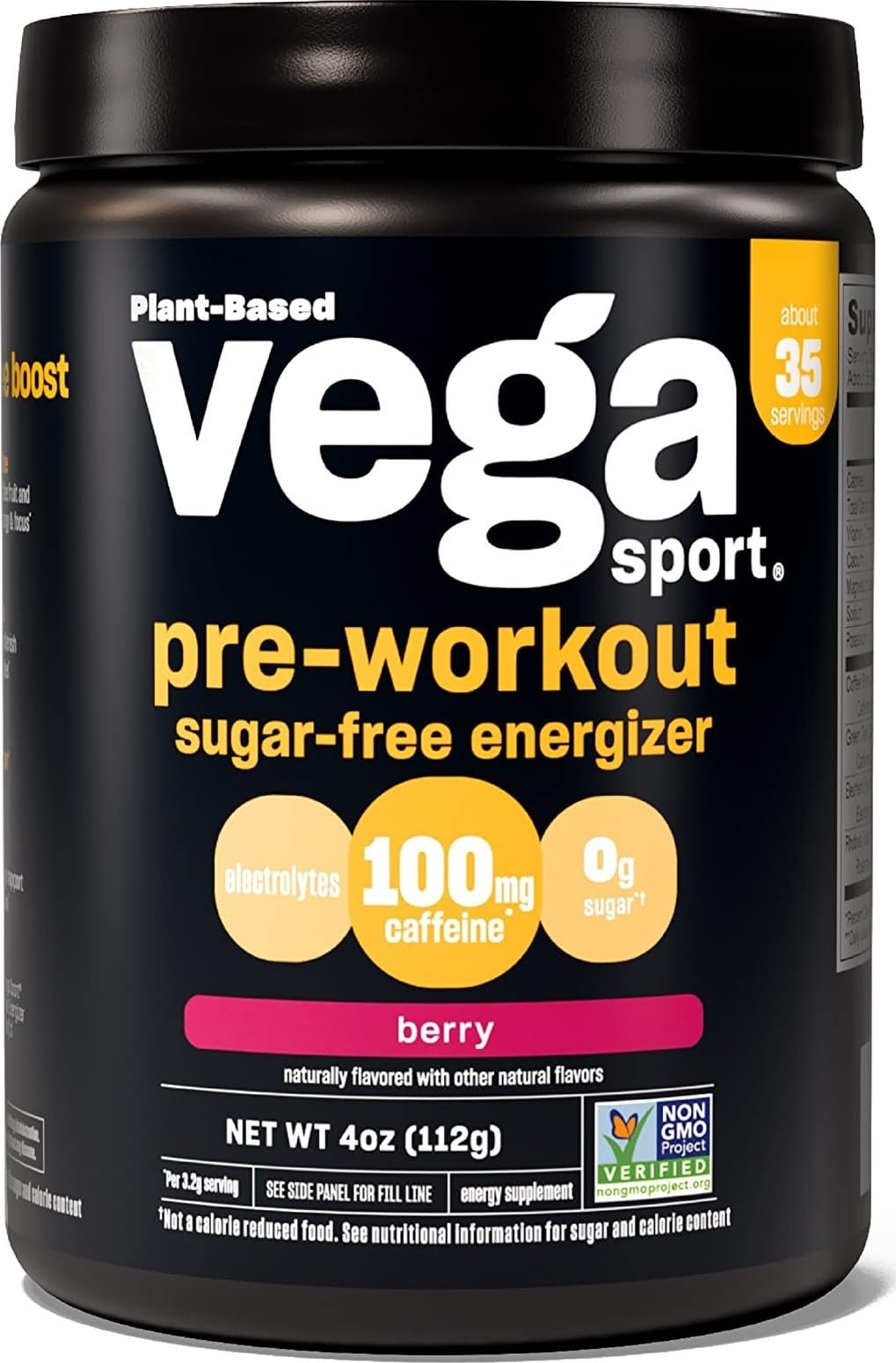 Vega Pré-treino em pó com vitamina C, eletrólitos e estévia, sabor Berry, 113 g