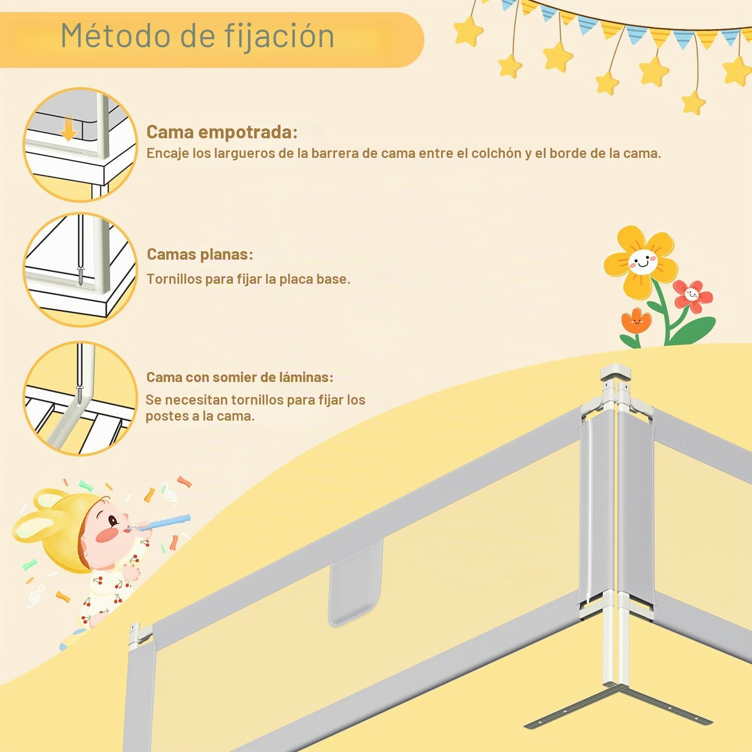 Ikodm Barrera para cama de 200 cm x 2 + 180 cm x 1, altura regulable 64-96 cm, para bebés y niños, con interruptor de doble botón, fácil montaje, color gris