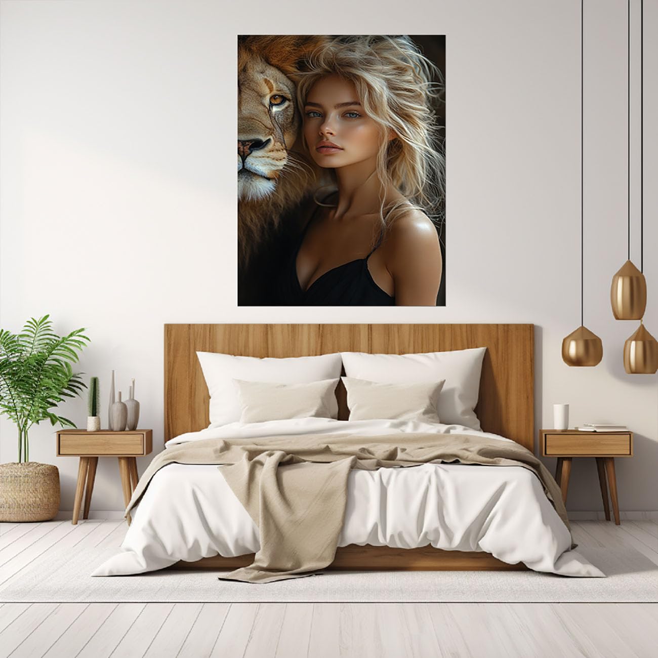 WIKEO Obrazy Dekoracja Afrykańska dziewczyna abstrakcyjna dziewczyna i lew plakat na ścianę na płótnie, druk na płótnie, sypialnia salon (czarny-80 x 120 cm bez ramki
