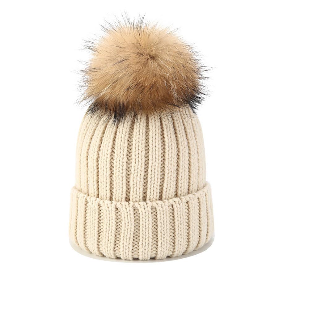 Van Der Linn Adult Kids Knitted Winter Warm Beanie Fur Bobble Woolly Pom Pom Hat (Kids, Beige)