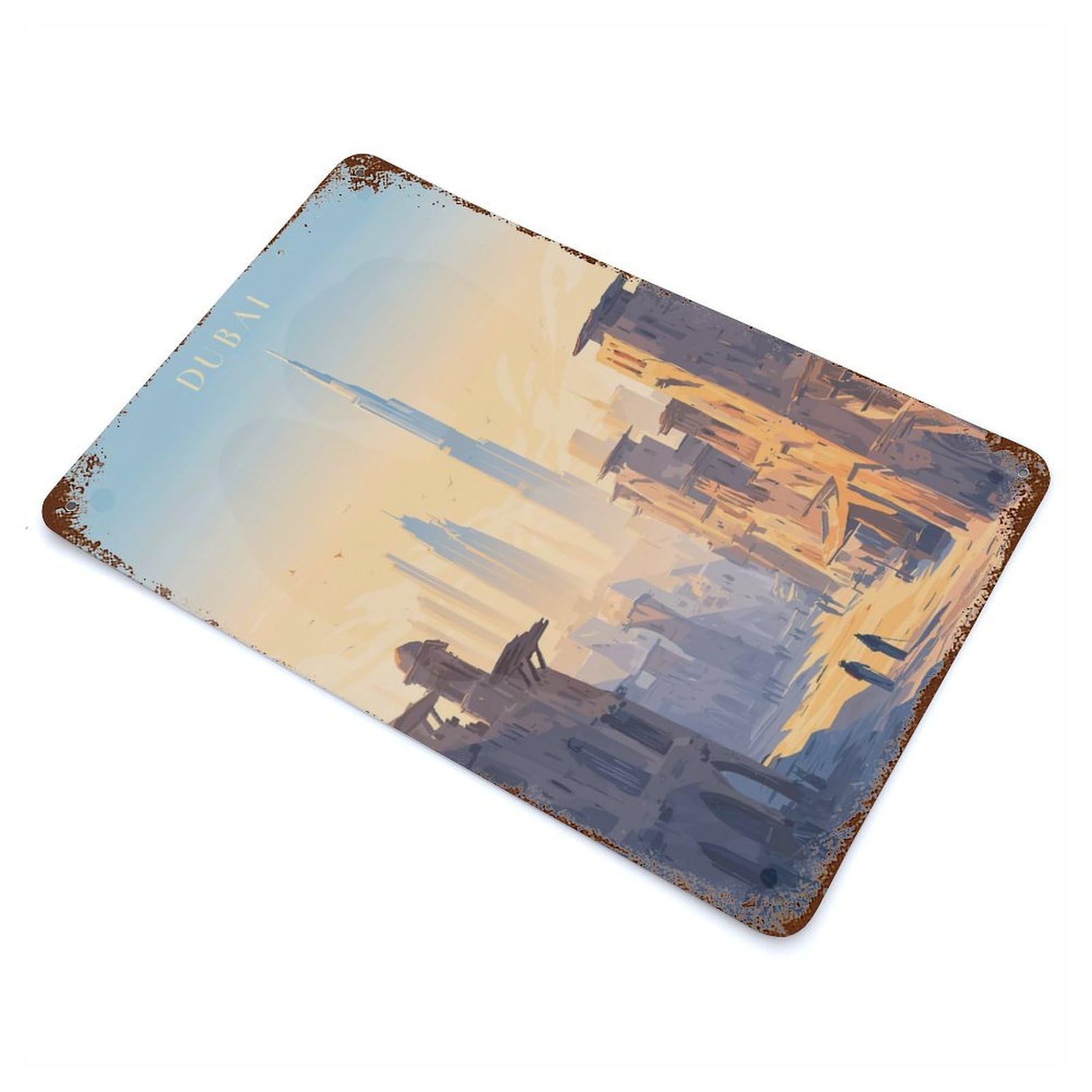Vintage Rust Metal Sign with Dubai Cityscape Illustration Design 11.8"x7.9", for Farmhouse, Kitchen And Entryway Decor, Novelty Wall Decor
