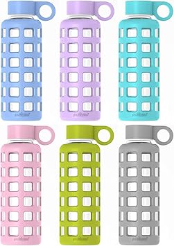 purifyou 40/32/22/12 oz Borosilicate Glass Water Bottles with Volume Markers, Silicone Sleeve, Stainless Steel Lid, Reusable Bottle for Water, Juice, Gym, and Fridge Storage (32oz Set of 6)