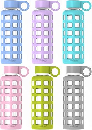 purifyou 40/32/22/12 oz Borosilicate Glass Water Bottles with Volume Markers, Silicone Sleeve, Stainless Steel Lid, Reusable Bottle for Water, Juice, Gym, and Fridge Storage (32oz Set of 6)