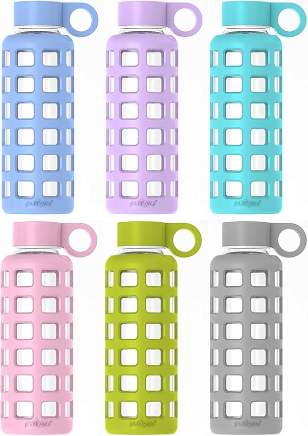 purifyou 40/32/22/12 oz Borosilicate Glass Water Bottles with Volume Markers, Silicone Sleeve, Stainless Steel Lid, Reusable Bottle for Water, Juice, Gym, and Fridge Storage (32oz Set of 6)