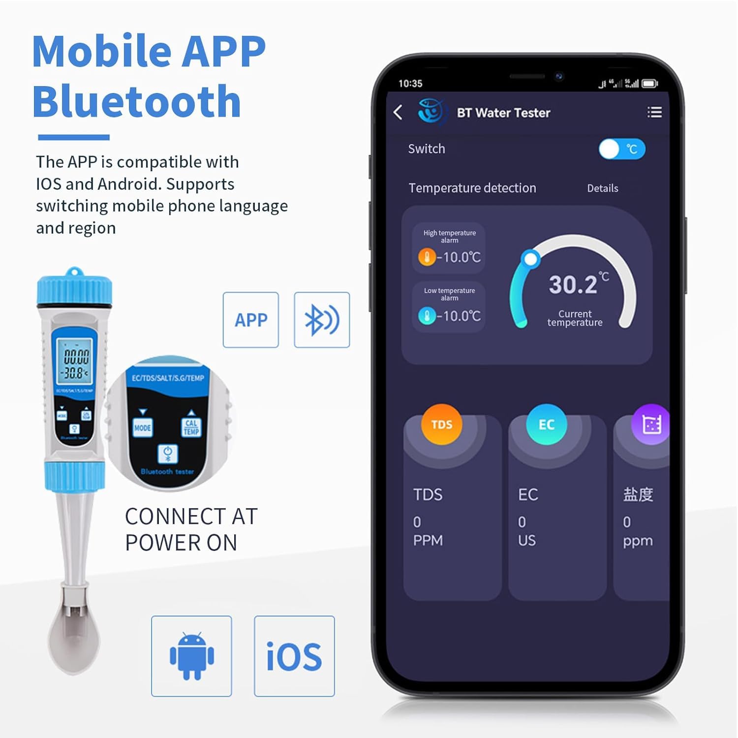 Misuratore EC, Tester Acqua Bluetooth, Misuratore Sale per Piscine | Tester acqua potabile digitale con APP, misura EC, TDS, Salinità, S.G e Temp, Analisi acqua per Acquari marini, Piscine e Spa