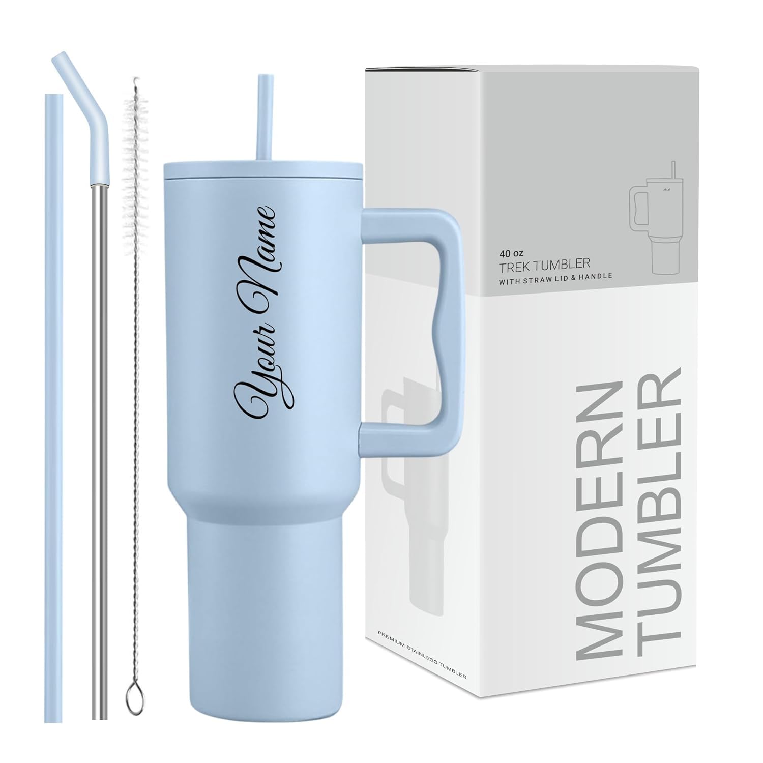 VOLITO Personalised 1200ml Tumbler with Straw & Handle – Custom Name Stainless Steel Double Wall Insulated Cup – Leakproof Sipper Mug for Hot & Cold Drinks (Blue)