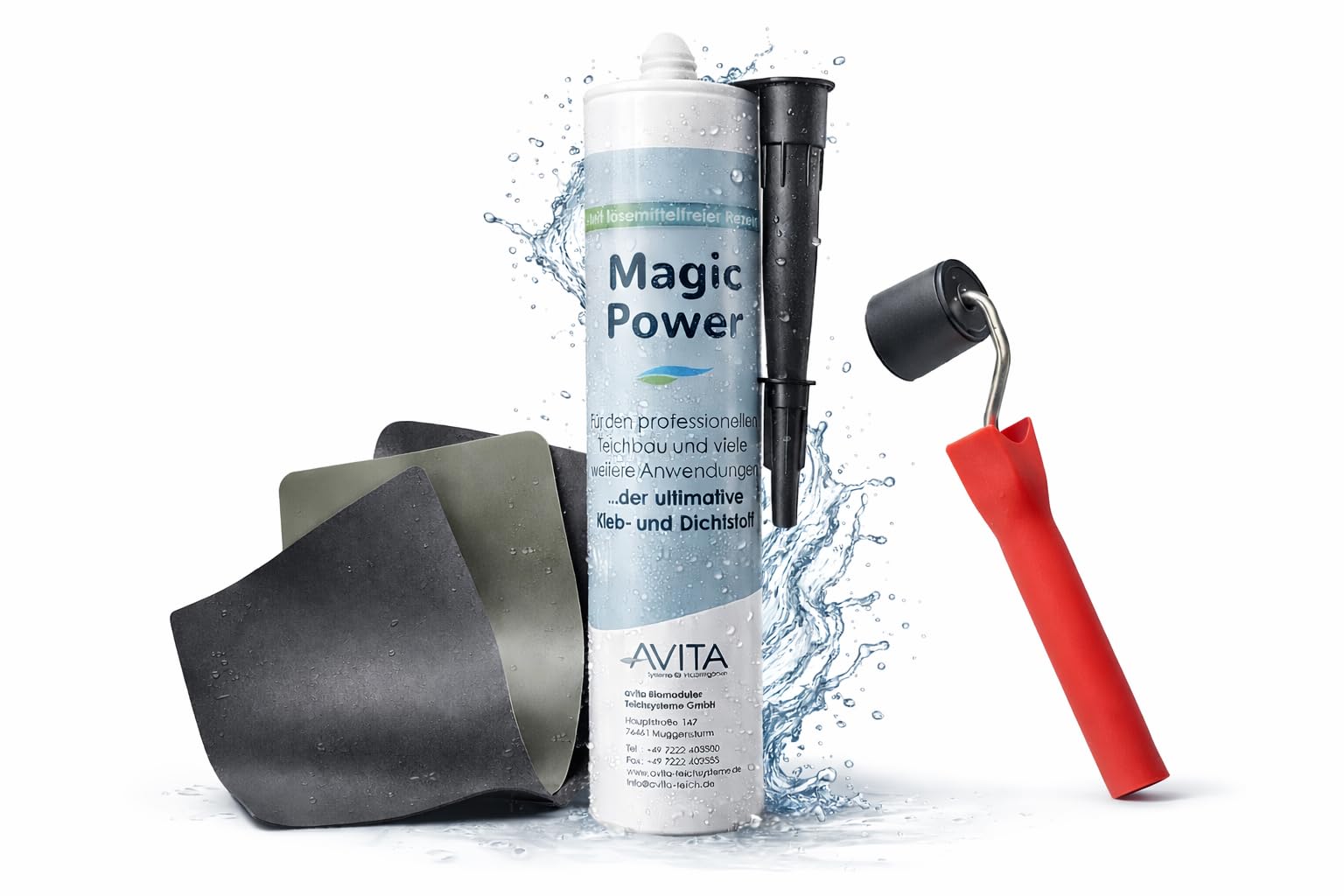 Teichfolie Reparaturset – Teichfolie reparieren & Flicken | EPDM & PVC Flicken Set mit Magic Power Kleber, 3 Folienstücken & Andrückrolle | wasserdicht