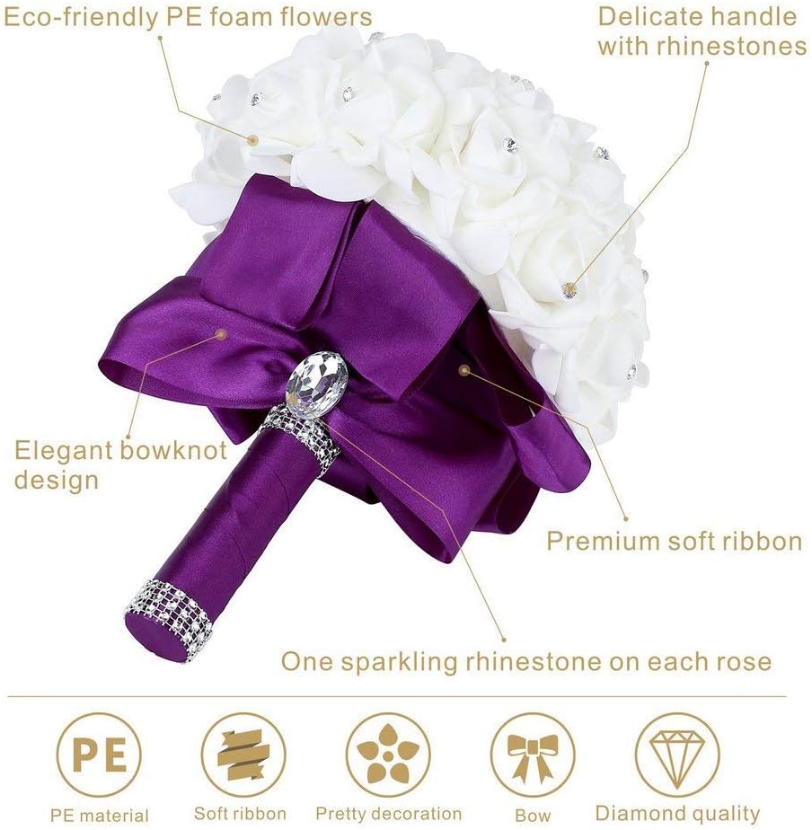 Bridal Bouquet Crystal Roses Bridesmaid Bouquet, Wedding Bouquet Artificial Flowers for Wedding, Party and Church (Purple&Purple)