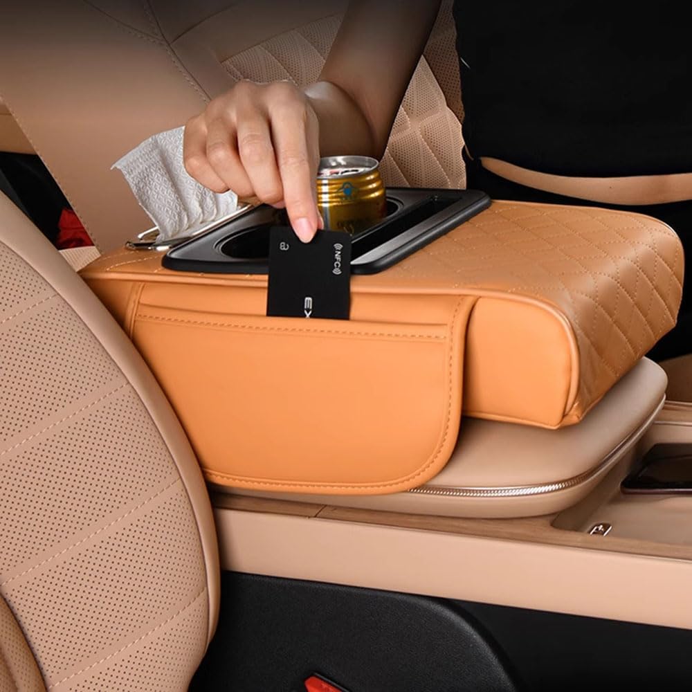 Coussin d'Accoudoir de Voiture pour VW T-Roc (A11 2017-2025 2026), Coussinet de Console Centrale avec Porte-Gobelet et Boîte à Mouchoirs, Housse d'Accoudoir avec Poche Latérale