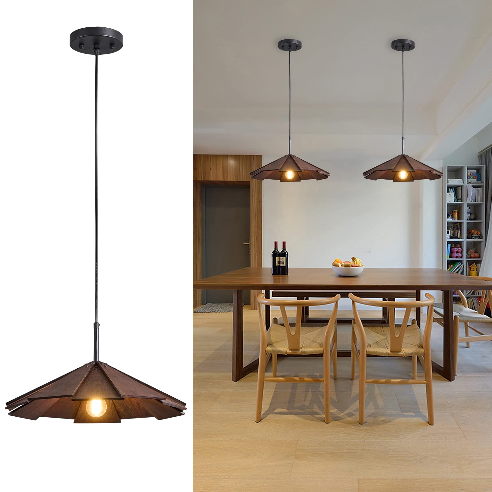 ADCTHOME Farmhouse Pendant Light Wood Hanging Light Ceiling Chandelier, Modern Adjustable Hanging Ceiling Light Fixtures for Kitchen Island,Dining Room, Living Room, Bedroom(2-Pack)