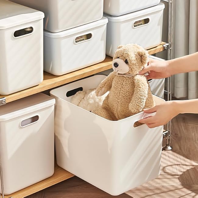 4 pack large plastic White storage bins Baskets, Toy Box Chest with Lids and Handle£¬Organizer Containers for Baby£¬Kids,snacks,Nursery£¬Shelves£¬Playroom, Bedroom£¬Office,Closet£¬home