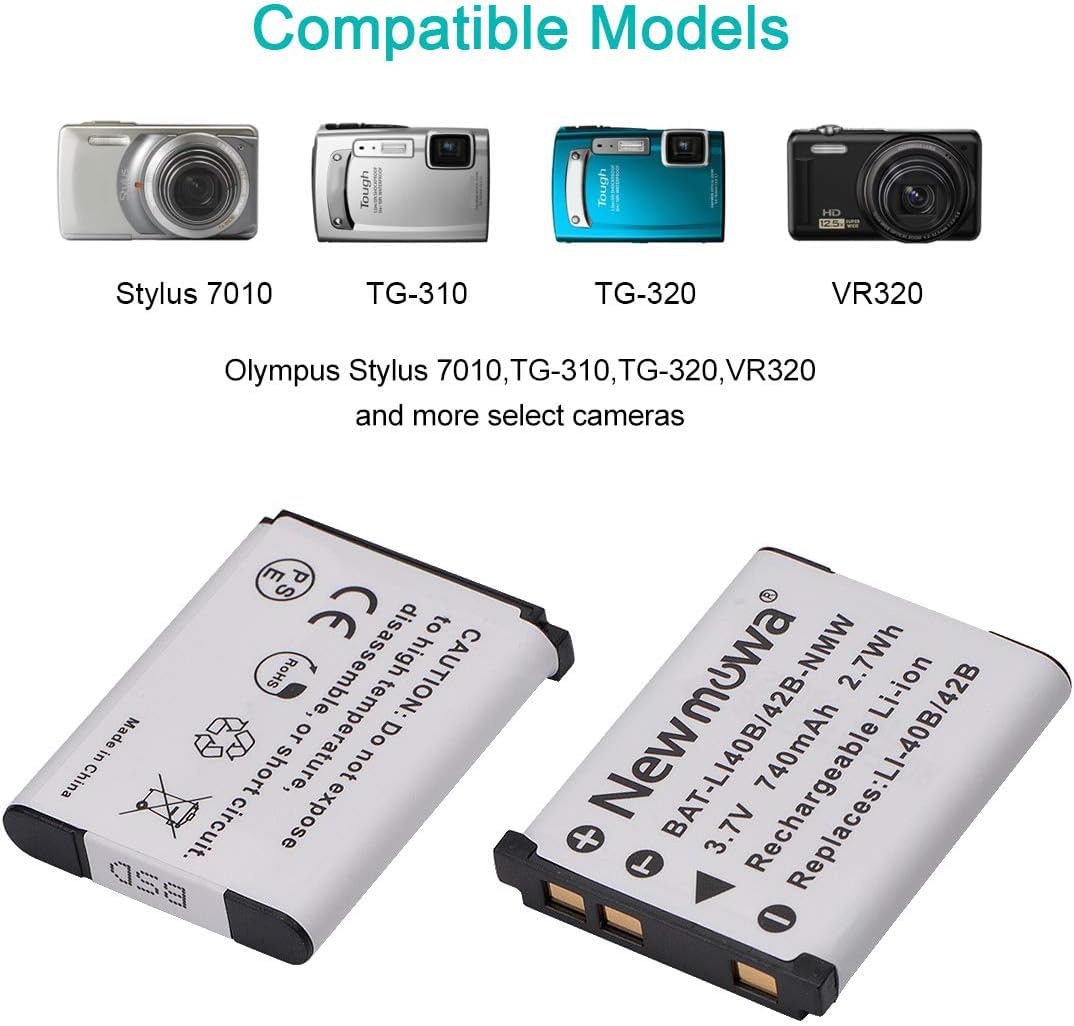 Newmowa Li-42B Batería (2-Pack) y Kit Cargador USB portátil para Olympus Li-42B, Li-40B and Olympus Stylus 1040, 1050W, 1060, 1070, 1200, 7000, 7010, 7020, 7030, 7040