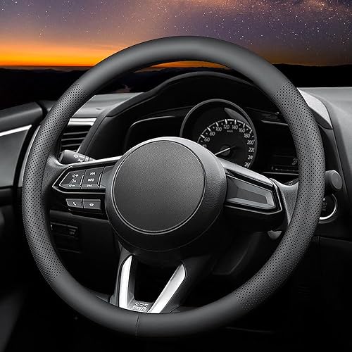 Miniatura 4 de Carodi Funda de cuero para volante de automóvil, ultrafina, cómoda, antideslizante, transpirable, universal de 15 pulgadas (negro)
