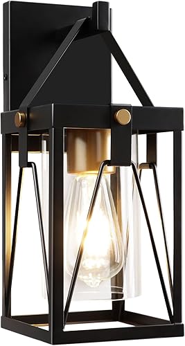 Farol de pared para exteriores, lámpara de pared impermeable exterior, aplique de pared negro con enchufe E26 y pantalla de vidrio transparente para