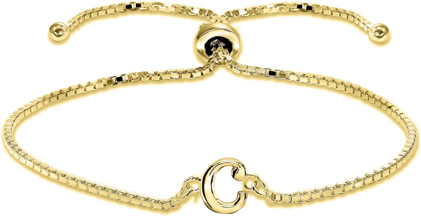 B. BRILLIANT Yellow Gold Flashed Sterling Silver A Letter Initial Alphabet Adjustable Bolo Bracelet
