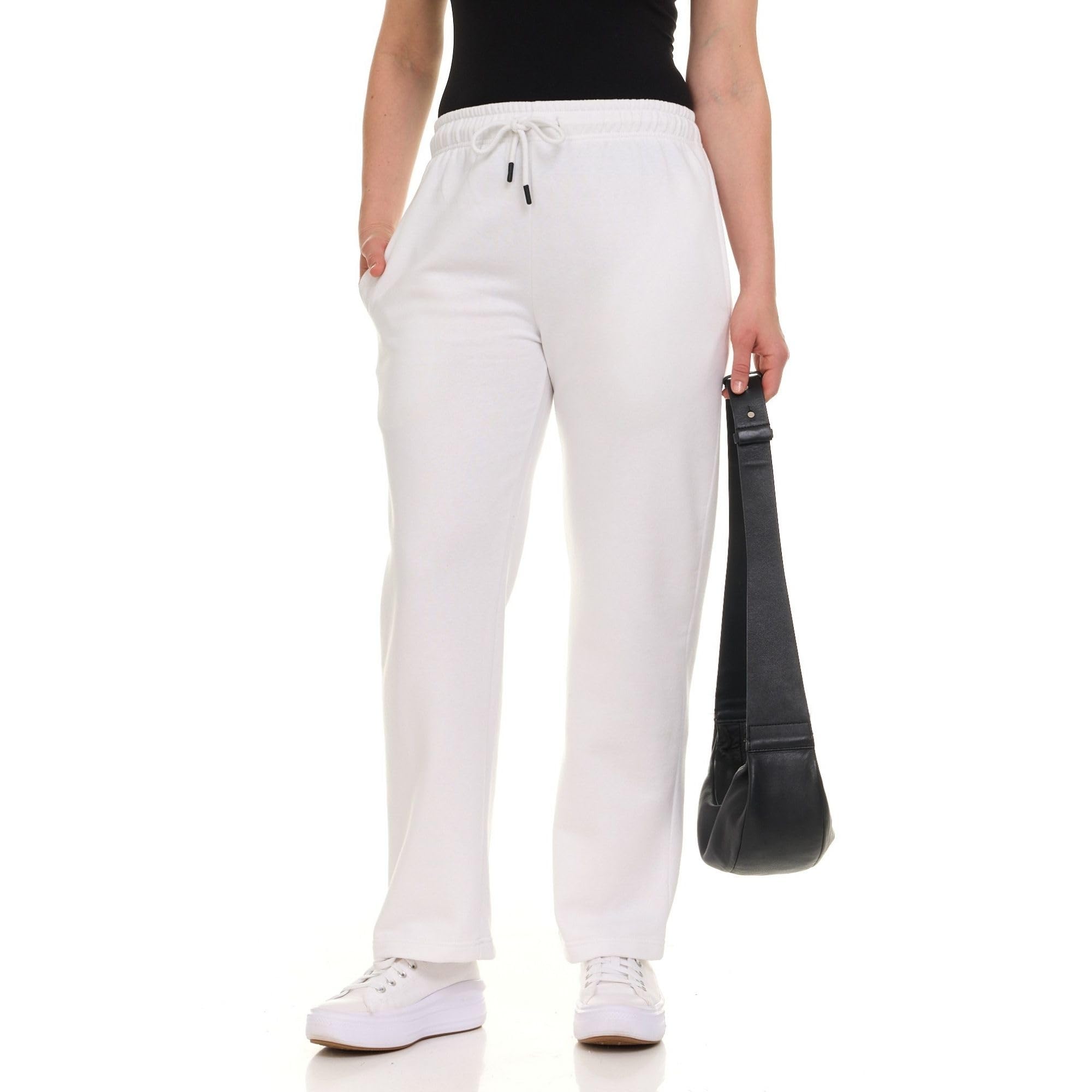 modern basics straight leg sweatpants for women, fleece loose fit open bottom lounge womens sweatpants with pockets white