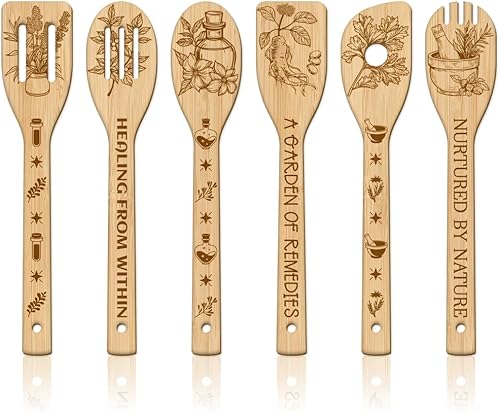 GLOBLELAND Juego de 6 cucharas de madera a base de hierbas, juego de utensilios de cocina de bambú para refinar tallado de bambú, juego de espátulas