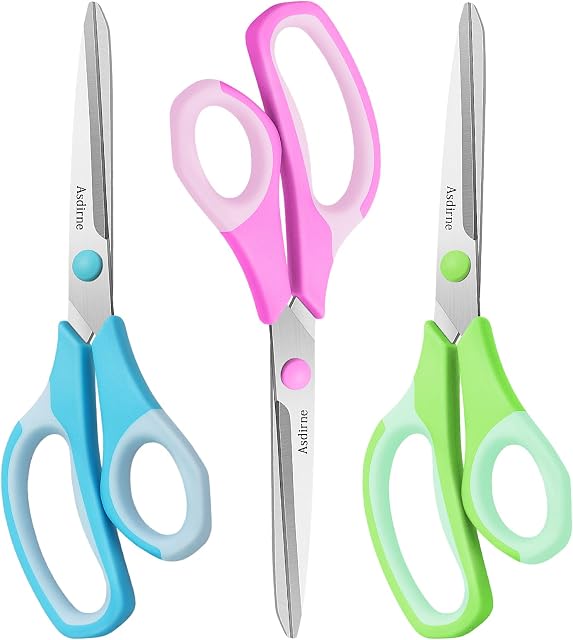 Asdirne Scissors, Premium All Purpose Scissors, Ultra Sharp Stainless Steel Blades, Comfortable Grip, Great for Craft, Office, School and Everyday Use, Blue/Pink/Green, 21.8cm, Pack of 3