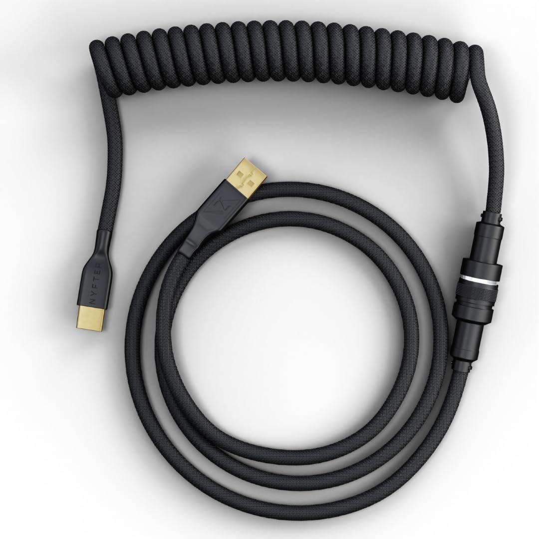 Nyfter - Coiled Cable mit Premium Ummantelung und Aviator Plug mechanisches Spiralkabel mit Abnehmbarem Aviator-Anschluss für Gaming-Tastatur (Black)