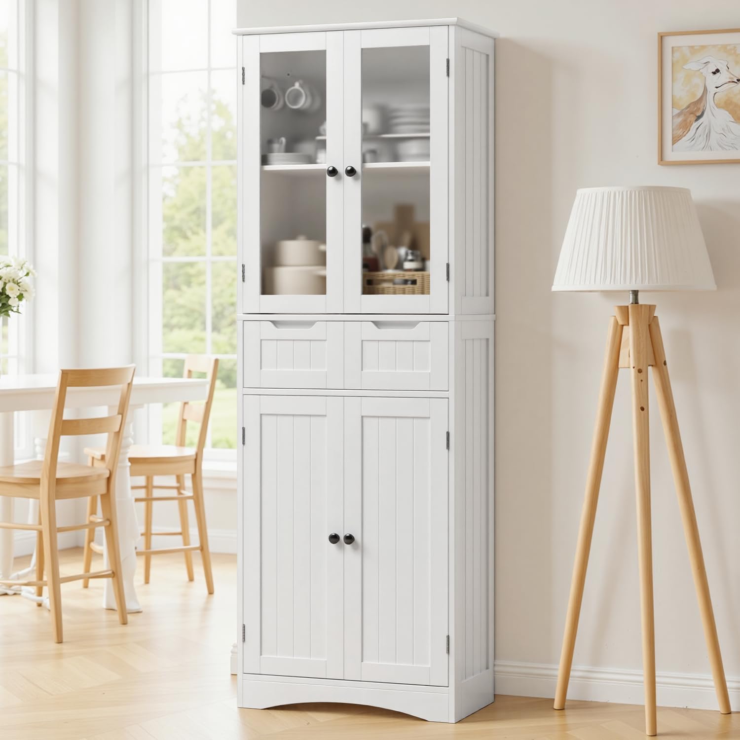 Xbro Armario Alto de Cocina, 170 x 30 x 60cm, Mueble Cocina Alto 4 Puertas y 2 Cajones, Armario de Vitrina con Estantes Laterales, Salón y Comedor (Blanco)