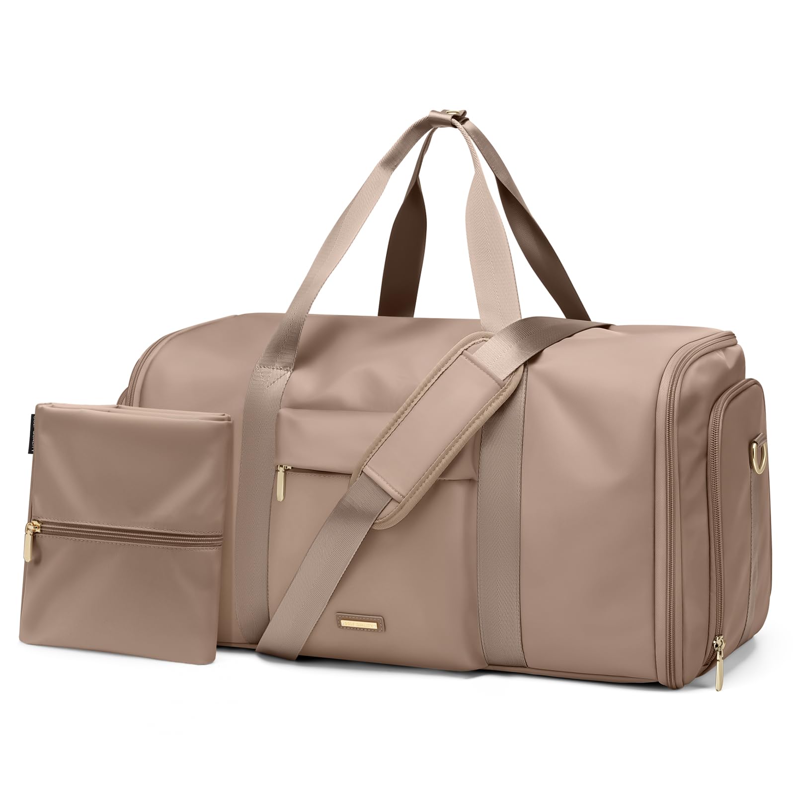 Bolsa de Viaje Convertible 2 en 1, con Compartimento Separado para Zapatos, Impermeable, Bolsa de Ropa Fin de Semana Bolsa de Traje Colgante para Hombres y Mujeres,48L, Marrón champán