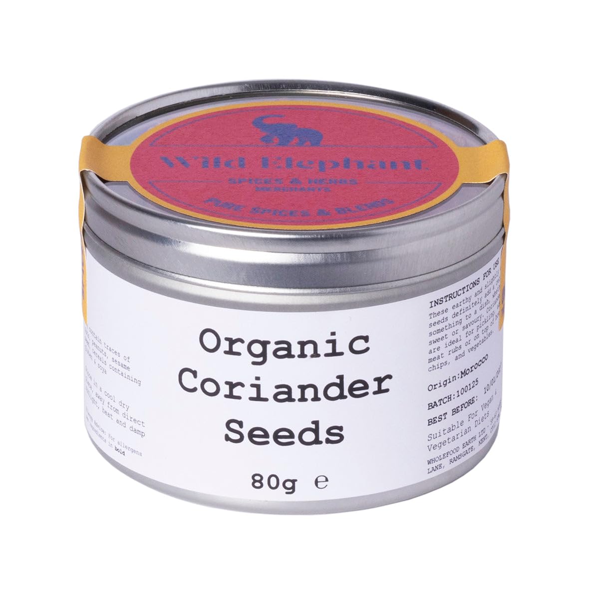 Wild Elephant Organic Whole Coriander Seeds 80g - 100% Pure, No Additives - For Curries, Dhals & Spice Blends - Packed in UK