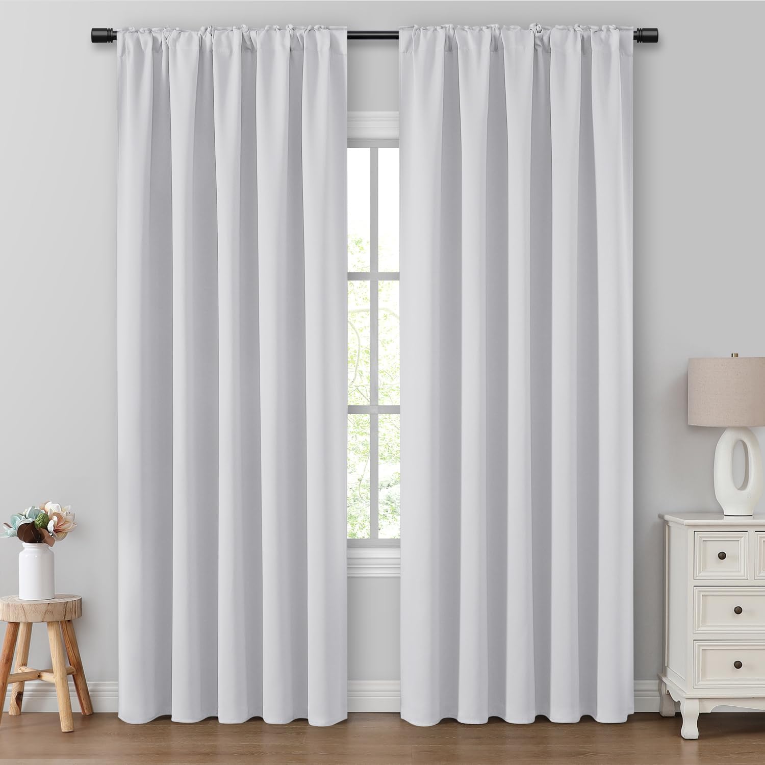 homeideas greyish white blackout curtains, 2 pages room darkening bedroom pinch pleated curtains thermal insulated back tab rod pocket drapes for bedroom, w52 x l96 52"w x 96"l (pack of 2) greyish white