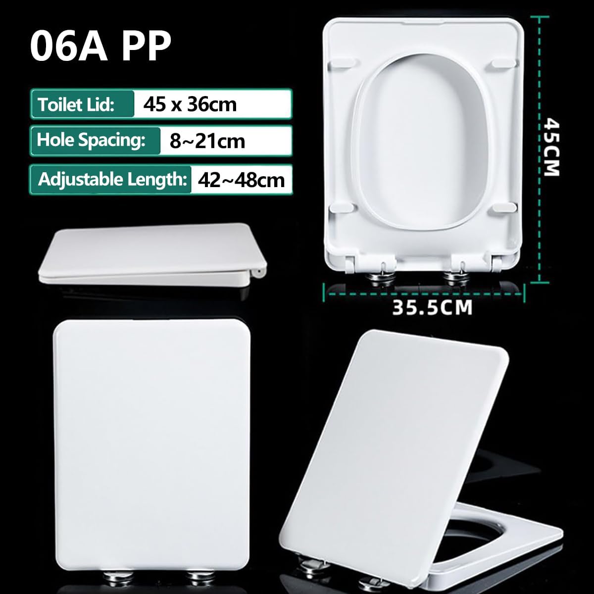 Asiento de inodoro de cierre suave, tapa de polipropileno blanco resistente con bisagras ajustables de acero inoxidable de liberación rápida para una fácil limpieza, funda cuadrada para asiento de
