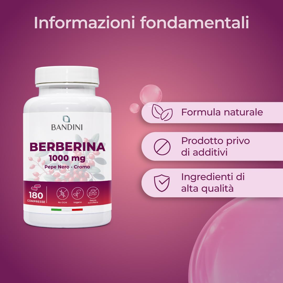 Bandini® Berberina 1000mg pura alto dosaggio | 180 compresse vegane - Berberin HCl da Berberis Aristata al 97% + Cromo e Pepe Nero | Massimo assorbimento - Funzione digestiva, epatica, intestinale