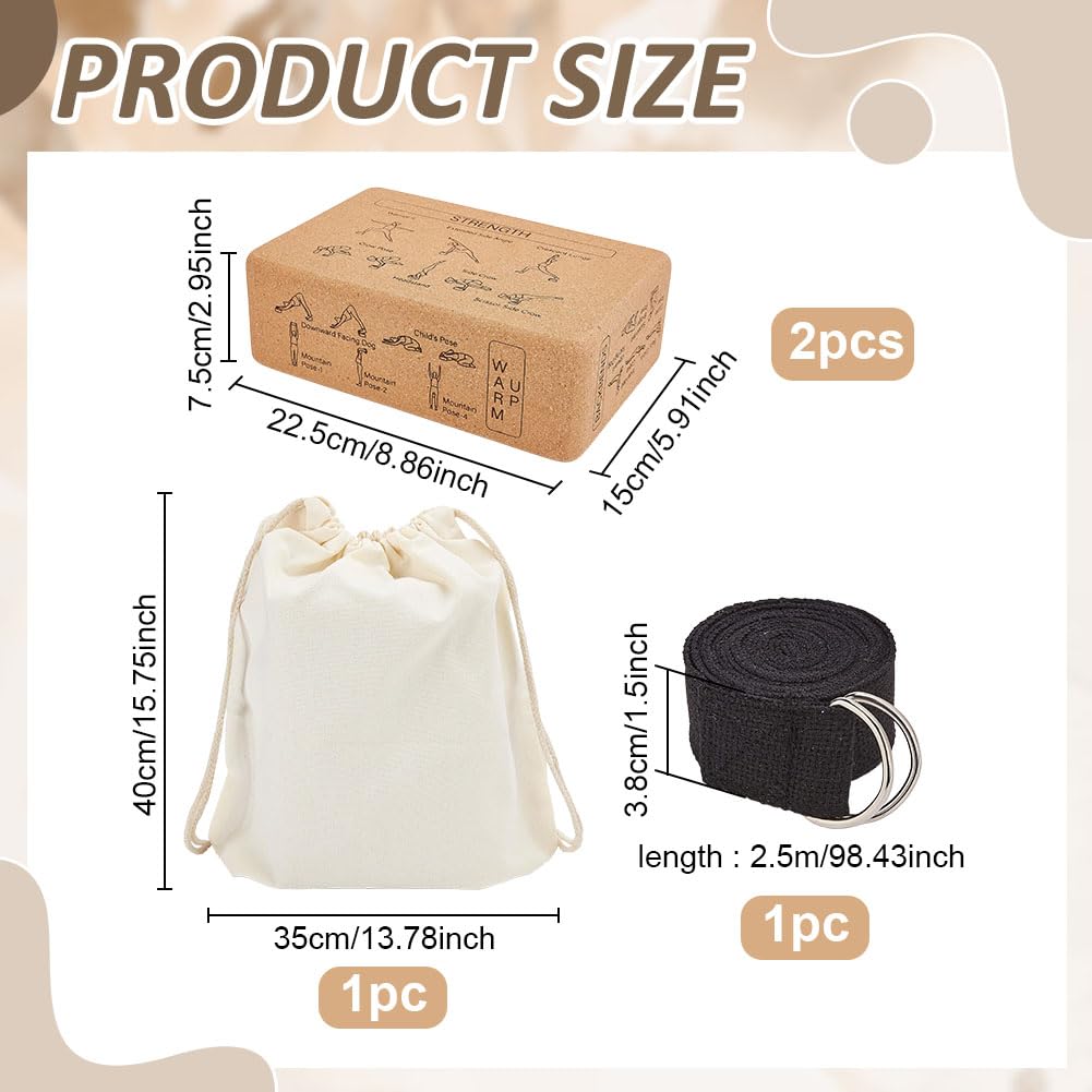 INFUNLY Yoga-Blöcke aus Kork, für Yoga-Posen, Unterricht, 22 x 15 x 7 cm, Set mit 2,4 m Gurt und Canvas-Tasche, Balance-Komfort, rutschfeste Fitness-Blöcke für Pilates, allgemeine Fitness, Stretching