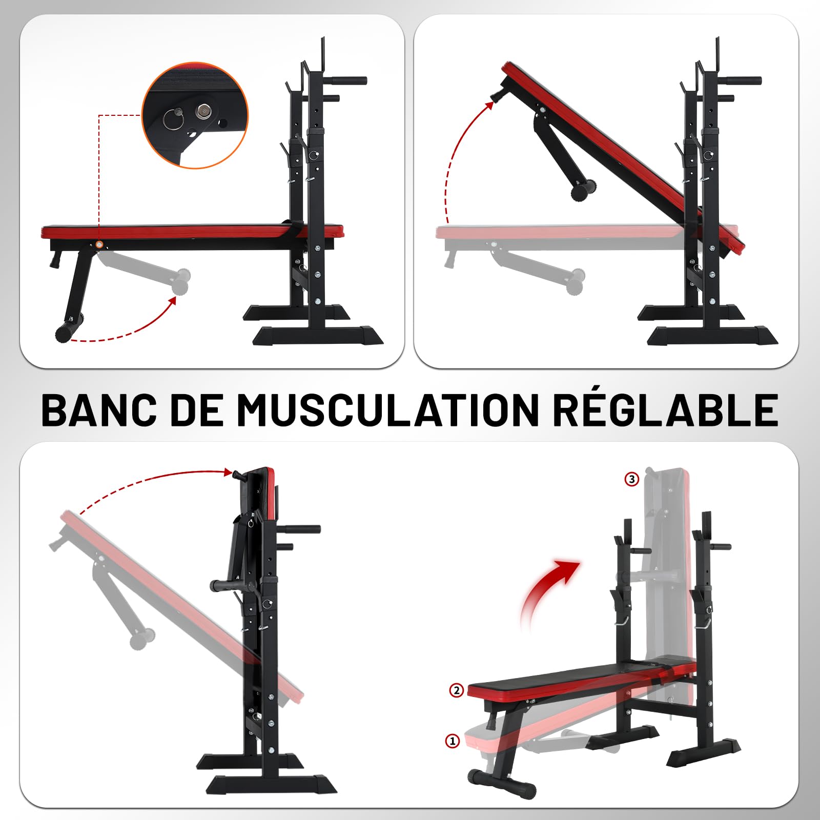 ISE Banc de Musculation Pliable, Banc Musculation Complet Réglable avec Support de Barres pour Haltère et Station à Dips, Bancs de Musculation Réglables, Rack Musculation Homme Sport Maison