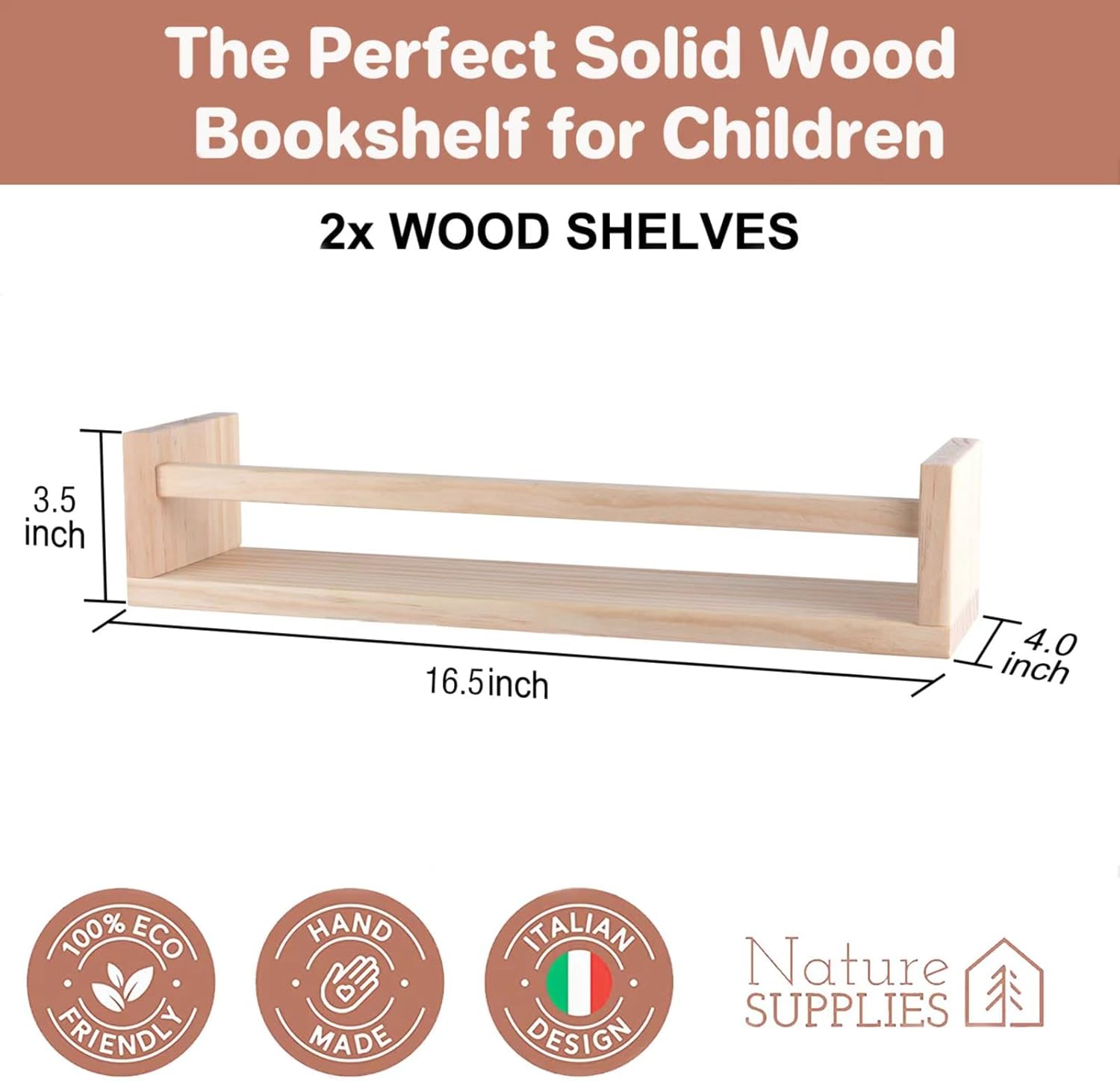 Wooden Floating Bookshelf, Wall Shelving, 2 PCS (Pine), Suitable for Children's Bedroom Bookshelf, Kitchen Spice Rack, Bathroom Decorative Wall Shelving.