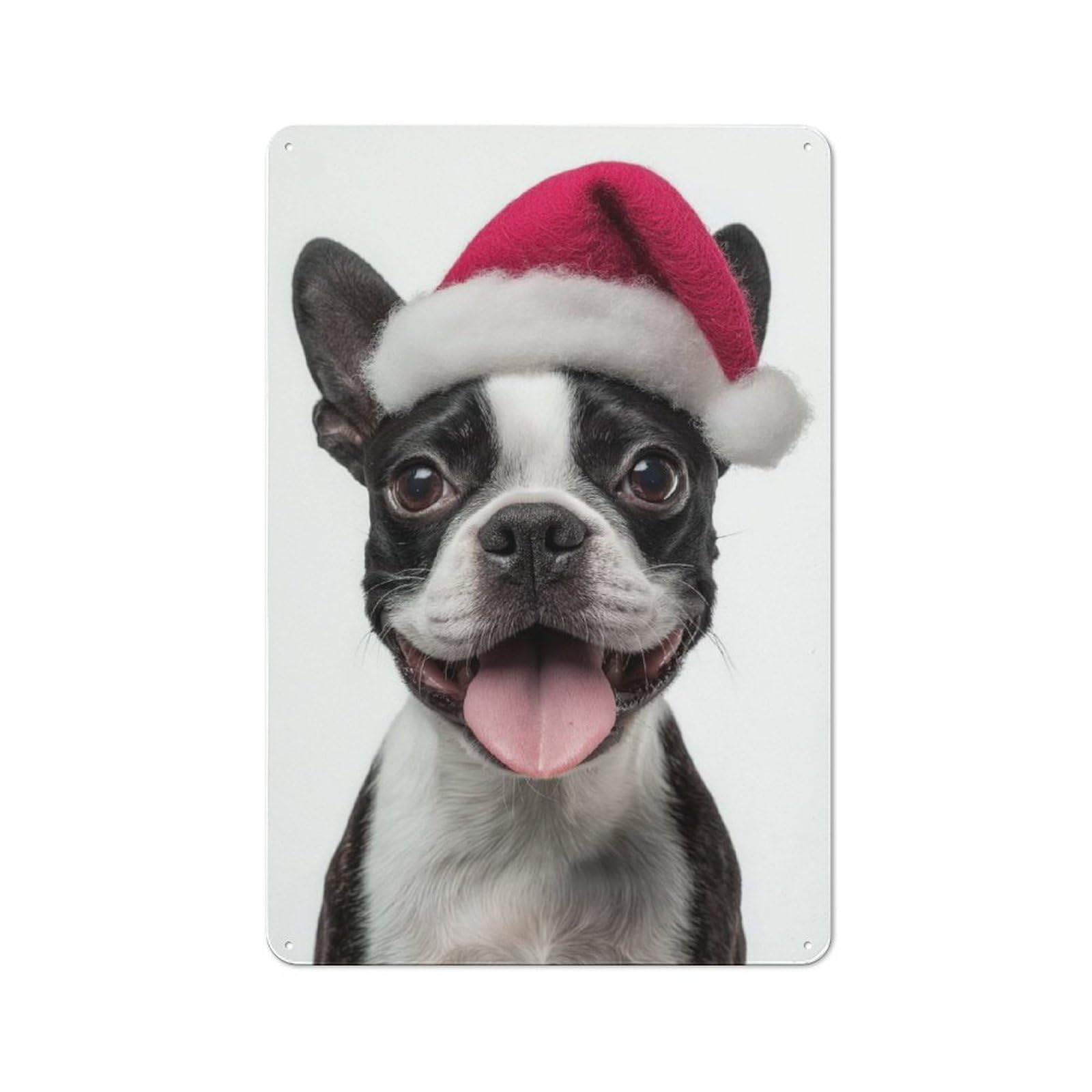 Junmoney Festive Boston Terrier With Santa Hat Metal Sign 30X20cm With For Pub Or Café, Retro Decor, For Cooler-Month Interiors With Retro Character