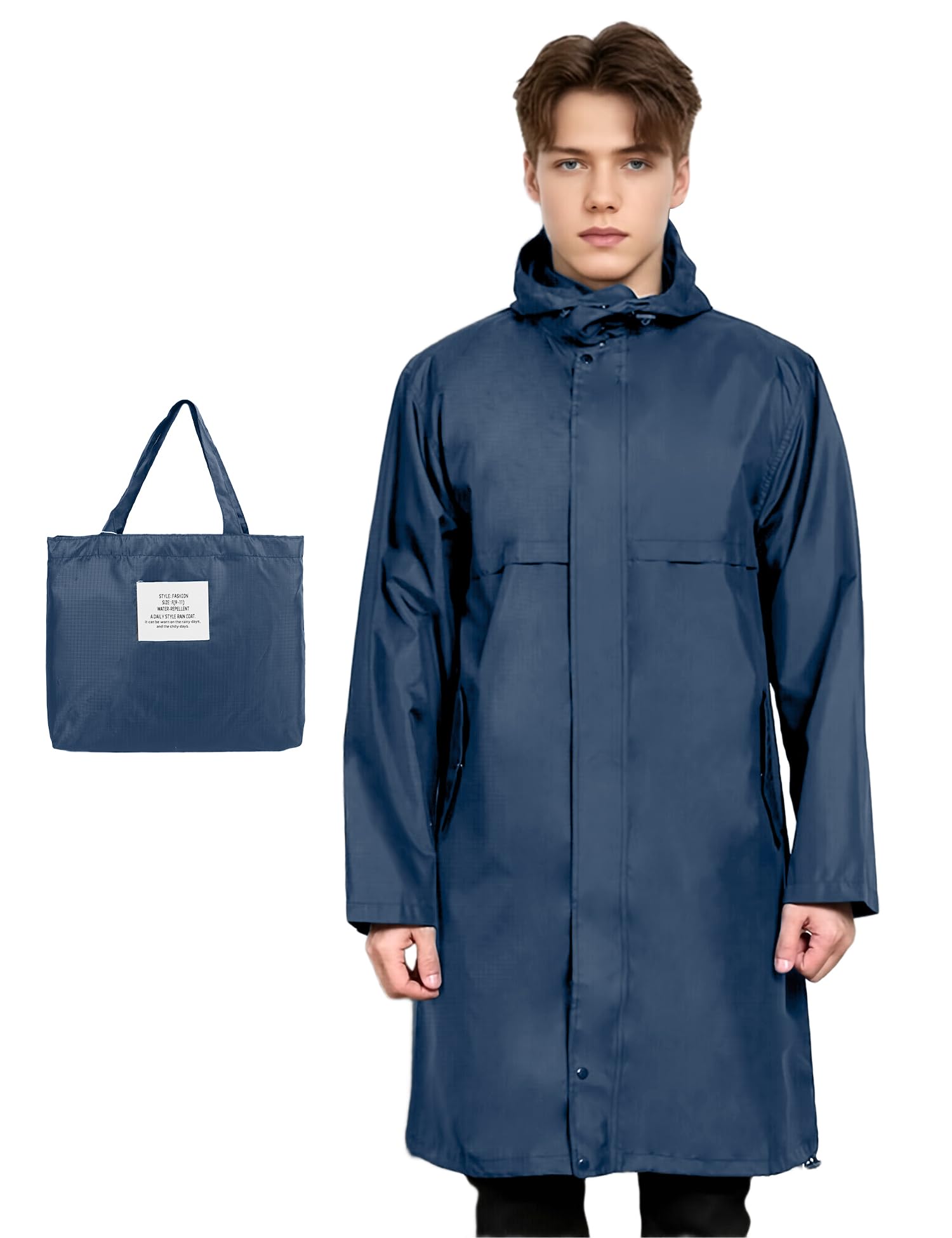 Raincoat for Men Hooded Rain Jacket Dual Way Zip-up Rainwear Packable Knee-length Lightweight Rain Clothing with Storage Pouch, Stylish Outdoor Rain Coat, One Size-image-10
