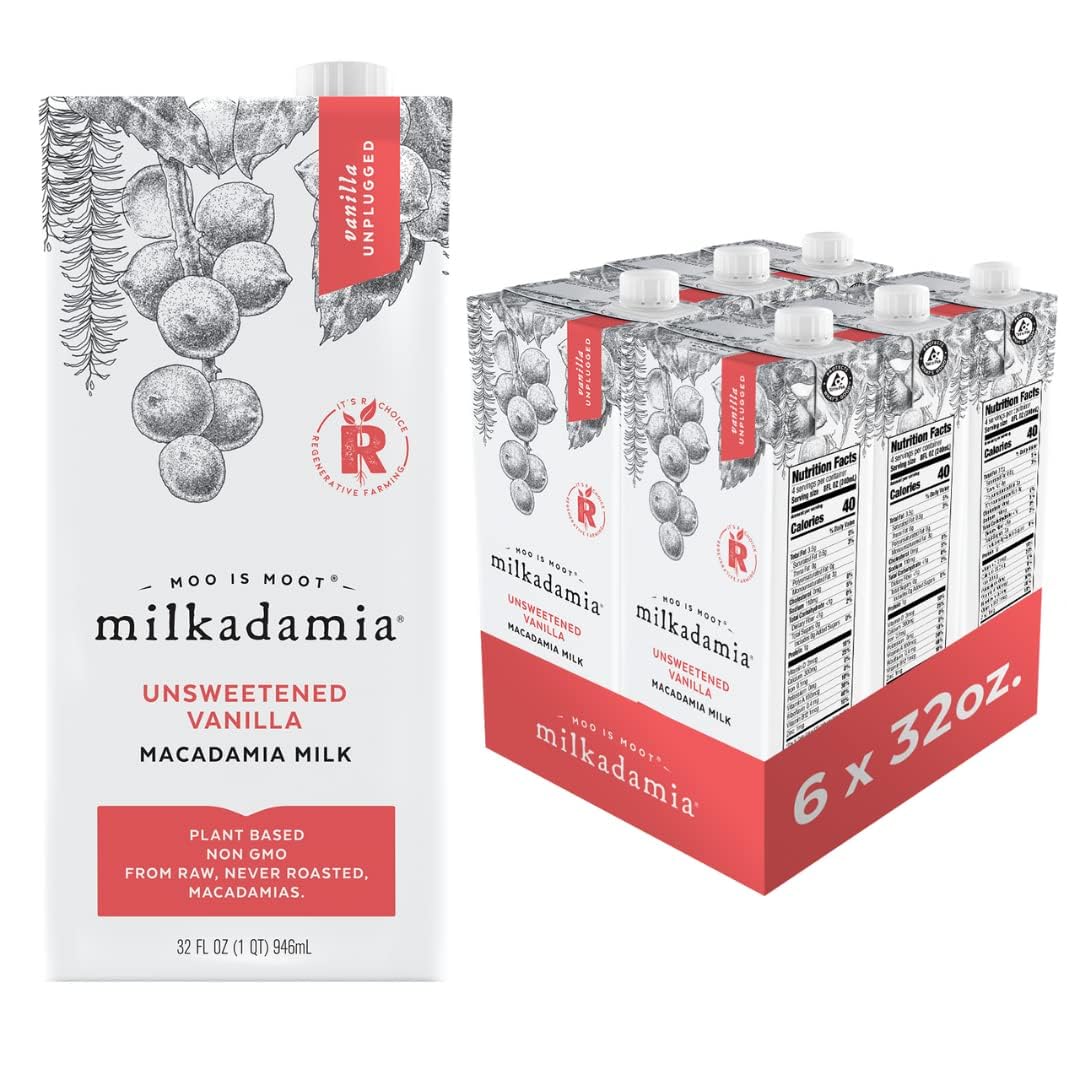 Milkadamia Unsweetened Vanilla Macadamia Milk, 32oz Pack of 6 - Vegan Dairy-Free Plant-Based, 0g Sugar, Shelf-Stable